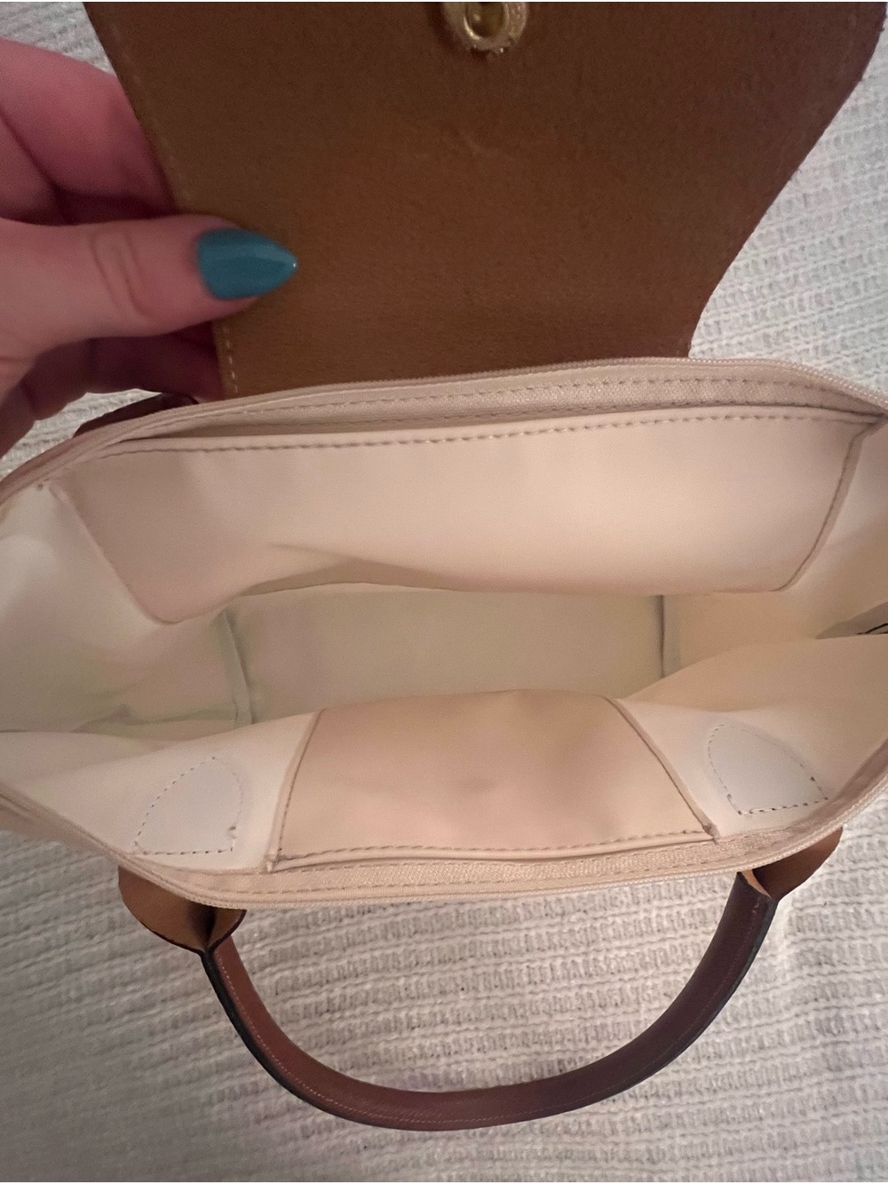 Longchamp Le Pliage Large Cream Tote with Brown Trim - Picture 9 of 13